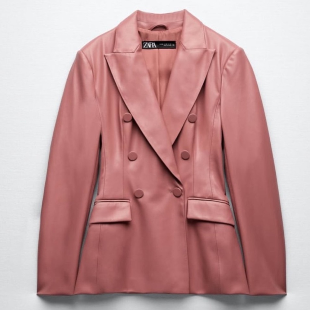 Zara Women's Faux Leather Double Blazer-dark pink-size M-(unworn with tagged on)
